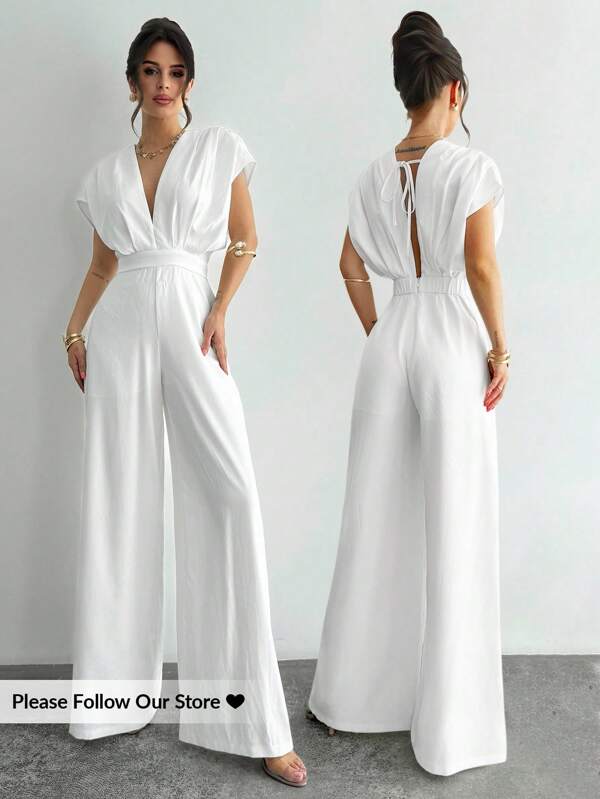 Firerie Women's Summer Solid Deep V-Neck Batwing Sleeve Wide Leg Jumpsuit/White Linen Clothing/4th Of July Outfits /Beach Vacation Outfits /Business Casual Woman/Office /Summer Outfits/Graduation Outfits/Tea Party Gathering/Elegant Backless Straps/Elegant Backless Strappy Jumpsuit, Modest