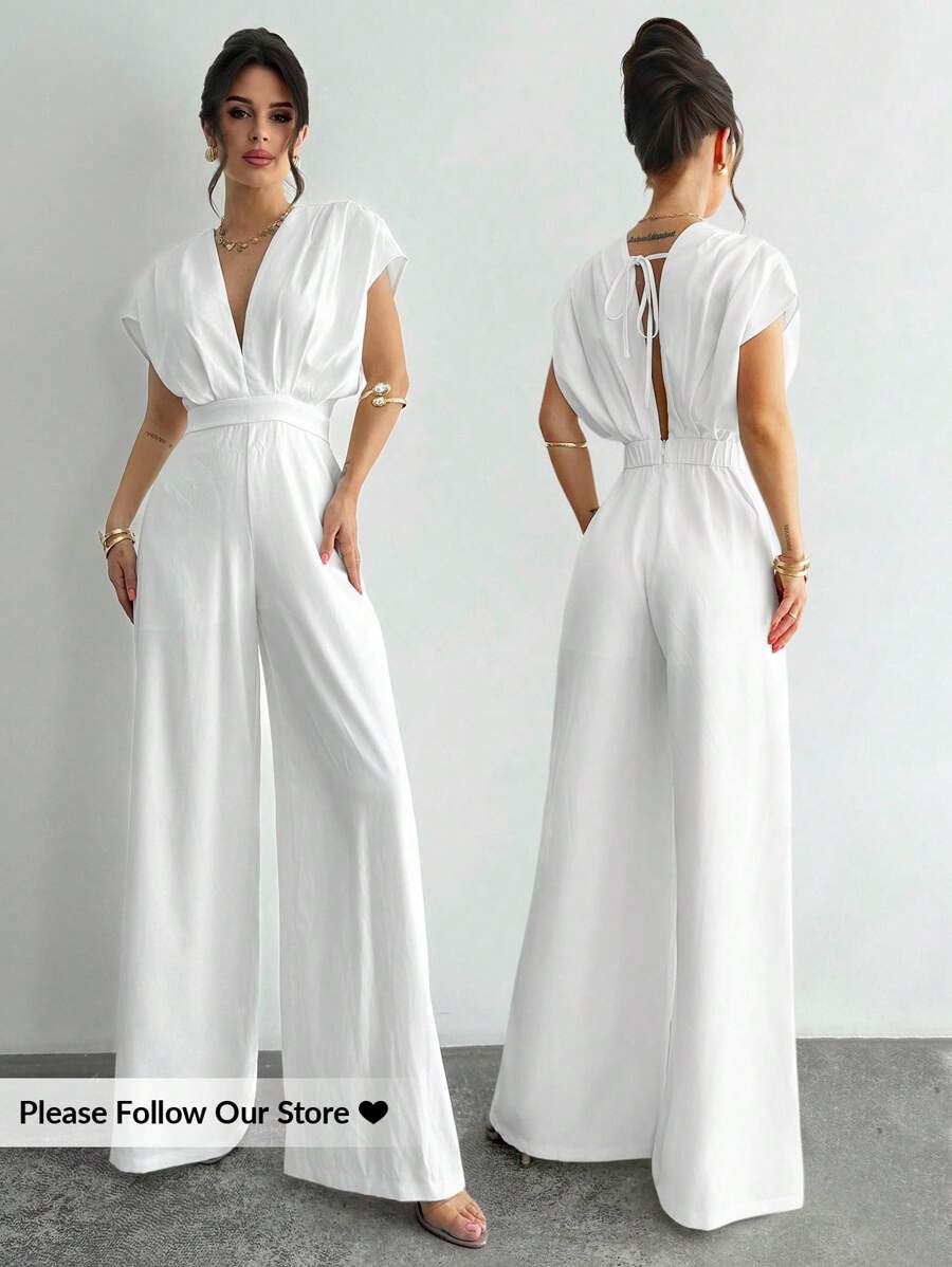 Firerie 女士夏季纯色深 V 领蝙蝠袖阔腿连体裤/白色亚麻服装/美国独立日服装/海滩度假服装/商务休闲女装/办公室/夏季服装/毕业服装/茶会聚会/优雅露背吊带/优雅露背吊带连体裤，端庄