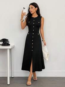 SHEIN PETITE 新款春夏休闲优雅圆领无袖包边装饰金属扣鱼尾裙开襟包臀裙黑色纹理针织面料女长裙-B，商务休闲女装