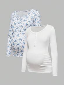 Modmama 休闲纽扣长袖哺乳上衣 - 藍白色 - 查看 10