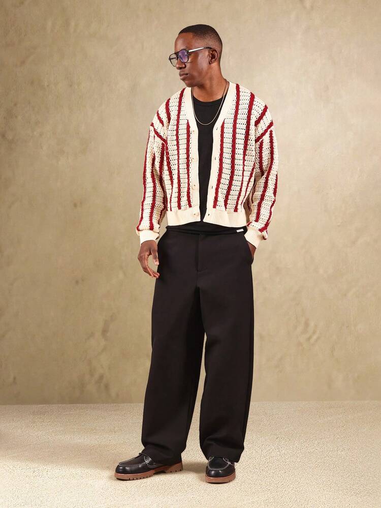 Cardigan en maille ajourée à rayures verticales rouges