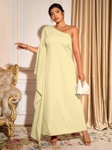 Cravure Váy maxi xếp nếp một bên vai phong cách nghỉ dưỡng tối giản màu trơn cỡ lớn dành cho nữ - Màu vàng - Xem 7