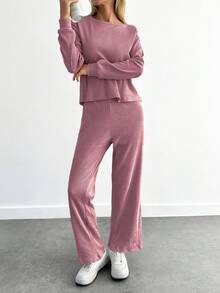 SHEIN Cottnline Cotton Women Solid Color Ribbed Tee & Pants ,Petite Women - Hot Pink - View 4