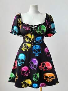 Sunspun Plus Size Women Rave Halloween Skull Graphic Short Sleeve Mini Dress - Multicolor - View 6