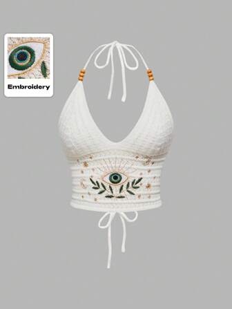 Hippie Conjunto de verano bohemio para mujer, estilo de vacaciones hippie, bordado de ojo, luna y estrella, blusa de punto blanca con cuentas