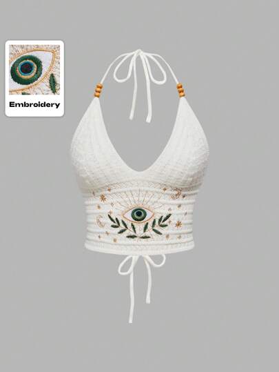 ROMWE Hippie 返校女式波西米亚风夏季嬉皮度假风格眼睛、月亮和星星刺绣白色针织串珠上衣