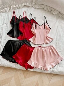 LuxeNights Bộ 3 món/Bộ trang phục phối ren lụa giả màu tương phản - Nhiều màu - Xem 2