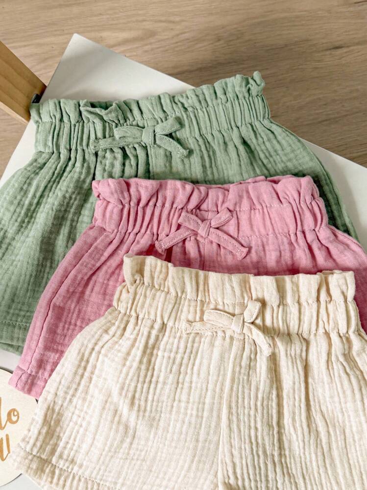 Baby Girl Casual Summer Elastic Waistband Solid Color Shorts 3pcs Outfits Set - Multicolor - View 4