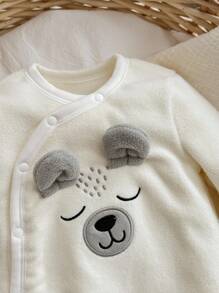Newborn Baby Boy Autumn/Winter Cute Cartoon Embroidery 3D Ear Snap Front Cozy Plush Fleece Footed Romper Jumpsuit Outfit - White - View 5