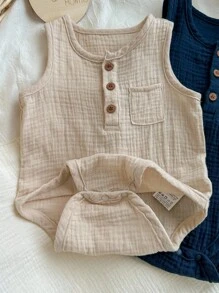 2pcs Newborn Baby Boys' Solid Color Sleeveless Romper With Half Button Placket, Round Neckline