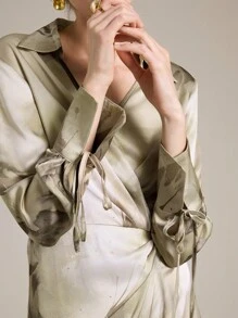 Ontre 優雅女款橄欖綠長洋裝，秋季可調節收腰設計，商務休閒婚禮賓客正式穿搭，早午餐教堂服飾，百搭 - 彩色 - 查看 5