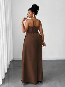 Maweii 大码无袖单排扣百褶宽松时尚金属纽扣连体裤 - 棕色 - 查看 8