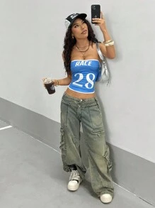 StreetHx Débardeur de sport ajusté court avec imprimé numérique et couleurs contrastées pour femmes - Bleu azur - Voir 5