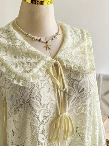 Comfortcana Áo cánh tay dài cổ ren mỏng cỡ lớn, màu vàng nhạt, nhẹ nhàng cho mùa thu - Màu vàng - Xem 3