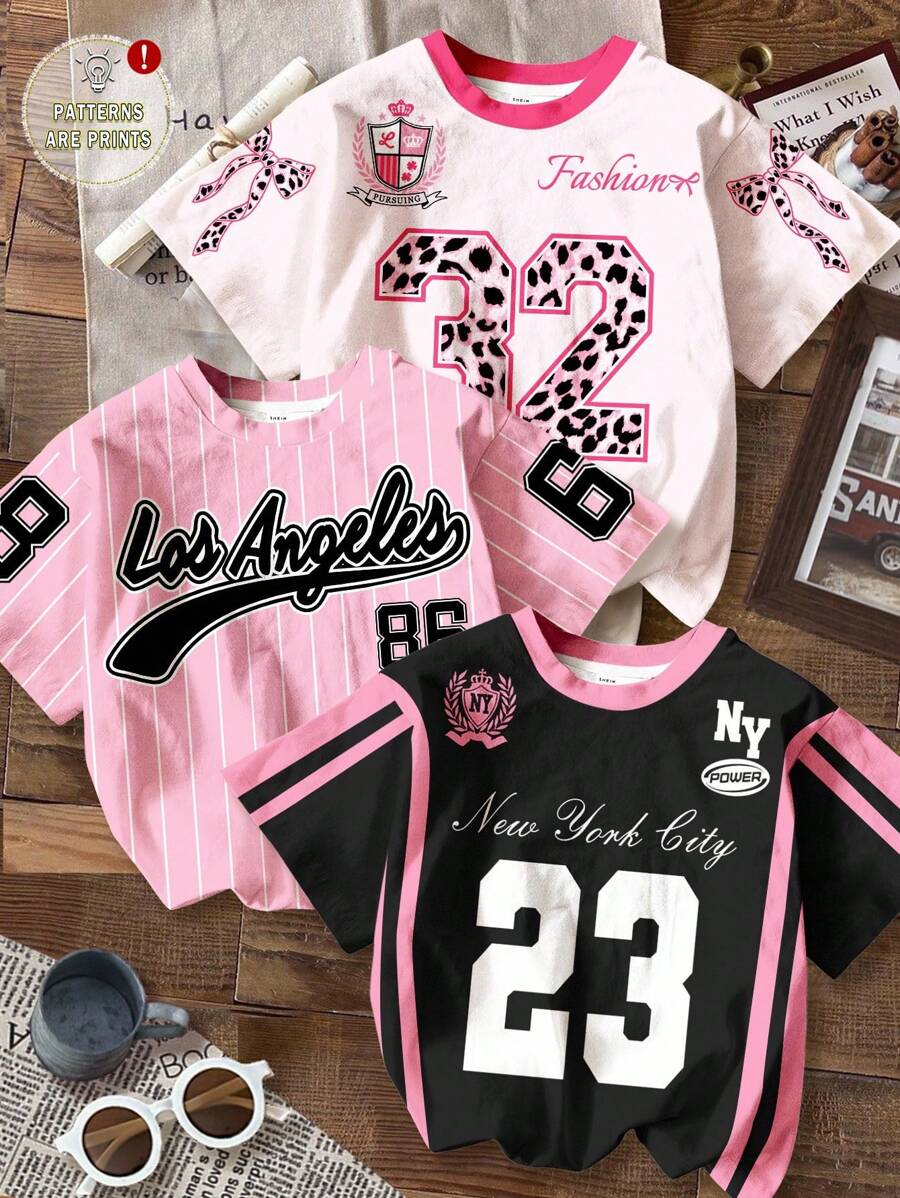 Set de 2 camisetas de manga corta con cuello redondo para niñas preadolescentes con estampados de rayas, números, letras, lazos y estampado de leopardo, ropa de calle vintage, de vuelta al colegio, estilo coreano, ropa de invierno, grunge, lindo estilo Y2K, vibraciones de playa neón, hippie bohemio para festival de música