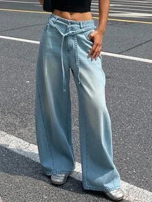 DAZY Vintage Blue Lace-Up High Waist Wide Leg Jeans For Women, Versatile - Light Wash - View 2