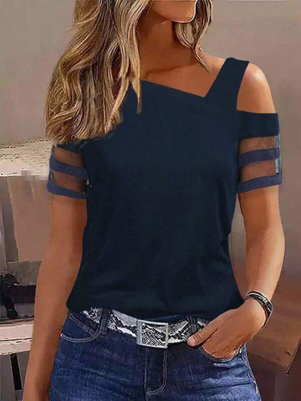 SHEIN LUNE Women's Casual Vacation Asymmetrical Neck Short Sleeve Mesh Patchwork T-Shirt