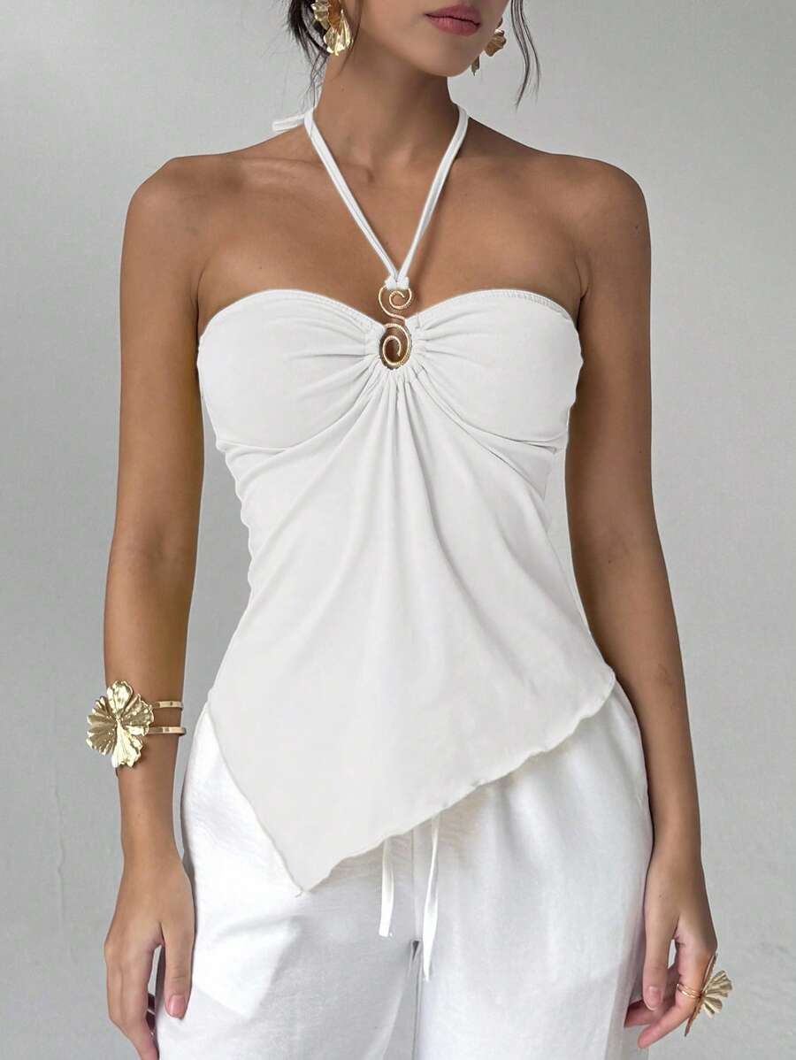 Aloruh Women's Solid Color Halter Neck Ruched Backless Asymmetric Hem Camisole,Halter Top - White - View 1