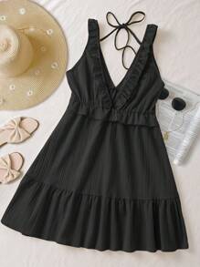 INAWLY 女士休闲荷叶边吊带简约迷你连衣裙，浅黄色优雅风格适合夏季度假 - 黑色 - 查看 2