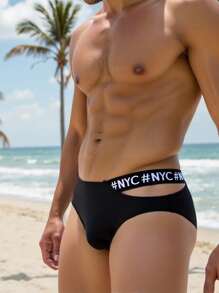 Manfinity Swimmode Men's Letter Print Hollow Out Triangle Swimming Trunks, For Vacation - Black - View 2