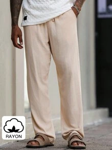 Manfinity Homme 男士休闲纯色抽绳腰裤男人造丝裤子男宽松裤子奶油色裤子男 - 卡其色 - 查看 5