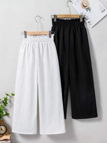 2 piezas Pantalones anchos con volantes casuales, versátiles para vacaciones, playa, campo y uso diario para niñas - Multicolor - Ver 2