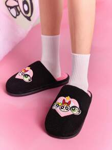 THE POWERPUFF GIRLS X SHEIN 时尚卡通刺绣防滑室内拖鞋女童柔软毛绒保暖冬季可爱家居鞋花朵、泡泡和毛茛，耐用鞋底，居家卧室空调房春秋冬 - 黑色 - 查看 6