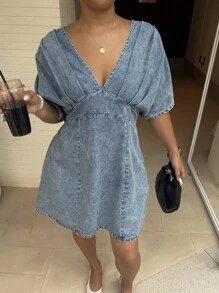 Dripcurv 大码女式蓝色雪花图案深V领牛仔连衣裙，中长袖夏季连衣裙