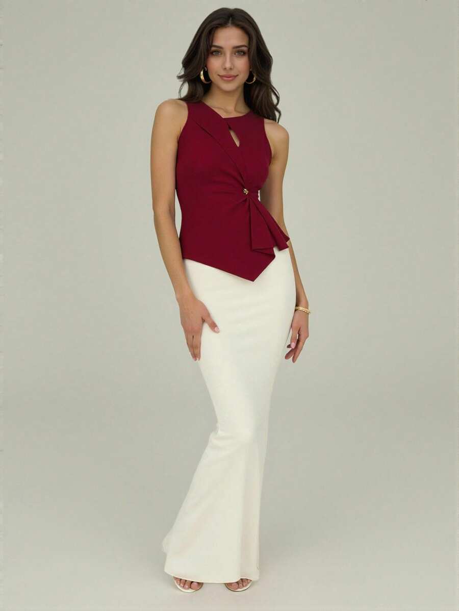 Modelyn Asymmetrisch geschnittenes Top mit abstrakter Optik + minimalistischer, stilvoller Bleistiftrock 2 Stücke Set