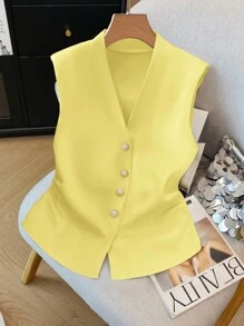 SHEIN Clasi 无袖前开式优雅女式衬衫 - 黃色 - 查看 5