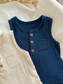 2pcs Newborn Baby Boys' Solid Color Sleeveless Romper With Half Button Placket, Round Neckline