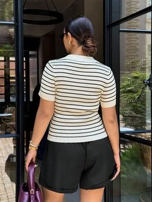 Dripcurv Women Striped Collared Cardigan Short Sleeve Jacket