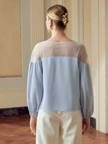 ZEYLAH 女士花卉刺绣网眼灯笼袖宽松优雅衬衫 - 白色 - 查看 5