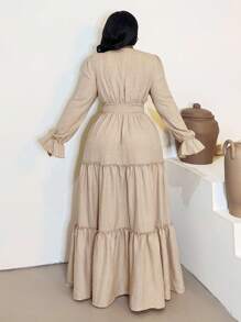 Maweii Plus Size Women's Solid Color Deep V-Neck Long Sleeve Ruffle Hem Fashion Dress Fall Cloth For Women - Khaki - View 3