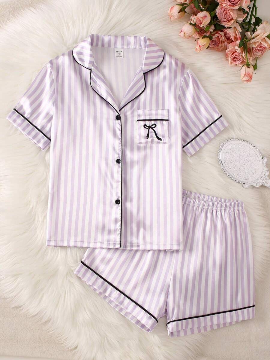 Tween GirlsClassic Striped Faux Silk Cardigan With Buttons, Bow Embroidered Pockets Short Sleeve Top Paired With Light Purple & White Striped Shorts With Black Trim, Home Outfit Set - Purple - View 1