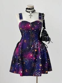 Flirla Váy midi trễ vai in họa tiết bầu trời đầy sao thời trang đa năng mới cho ngày lễ, trang trí eo xếp nếp có khóa kéo phía trước dành cho nữ, trang phục rave - Nhiều màu - Xem 8