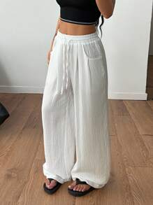 Coolane 女士夏季音乐会狂欢节外出文艺复兴博览会日常穿着纹理褶皱白色阔腿裤 - 白色 - 查看 5
