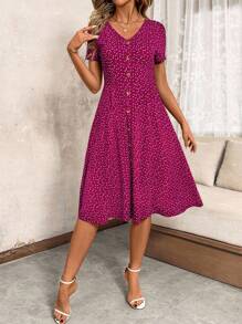 SHEIN Clasi 大码休闲度假全印花短袖连衣裙 - 中紫紅色 - 查看 5