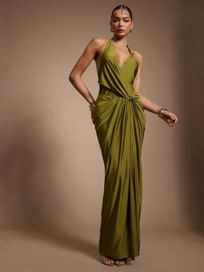 Hauture Vestido largo de satén verde oliva con escote halter cruzado al frente para salir de noche en verano