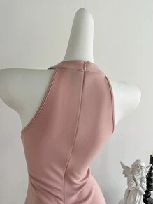 SHEIN MOD Vestido mini rosa para mujer con lazo beige y decoración de perlas, vestido corto de invierno, vestido formal, vestido de fiesta, vestido de Año Nuevo