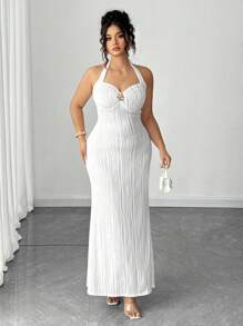 Elenzga Đầm ôm body dệt kim không tay màu trắng thanh lịch cỡ lớn cho nữ, họa tiết hoa 3D bằng kim loại, thích hợp mặc hàng ngày và hẹn hò - trắng - Xem 5