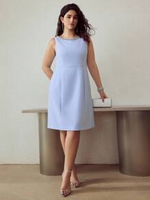 MOTF PREMIUM ROCHIE PÂNĂ LA GENUNCHI, CU DECOR CU MĂRGELE, FĂRĂ MÂNECI, MĂRIME PLUS - Bleu - Vizualizare 6