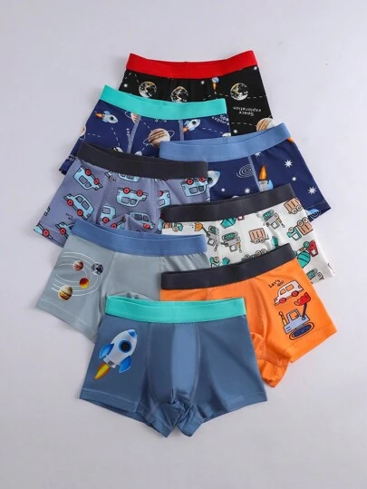 Set de 8 calzoncillos tipo bóxer cómodos y sin costuras con estampado de naves espaciales y trucos, moda de vuelta al colegio para niños