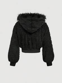 SHEIN MOD 女式连帽长袖心形图案蓬松装饰夹克，秋冬，早午餐女士，秋季婚礼宾客连帽衫，返校节，90 年代，女士深秋休闲撞色蓬松，拉链常规袖连帽常规剪裁纯色女式夹克，休闲日常穿着 - 黑色 - 查看 2