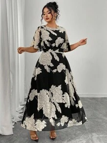 Modelyn 大码女式优雅圆领荷叶边喇叭袖合身飘逸长款雪纺连衣裙，春夏