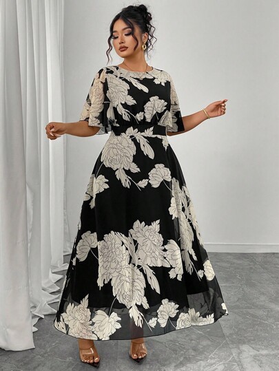 Modelyn Plus Size Women Elegant Round Neck Ruffle Flare Sleeve Fitted Flowy Maxi Chiffon Dress, Spring/Summer