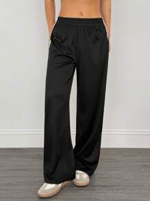 SHEIN PETITE Casual Black Side Striped Trousers Simple Fashion Daily Casual Loose Pants