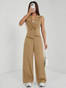 SHEIN PETITE Bộ trang phục thu hai mảnh 2 món/bộ dành cho nữ Áo không tay màu trơn và quần dài - màu nâu - Xem 3