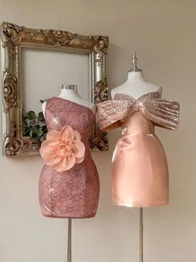 SHEIN Belle Elegant Champagne Pink Fine Sequined One-Shoulder Bodycon Dress,Gorgeous Oversized Stereo Floral Decor Wedding Guest Party Bachelorette Prom Cocktail - Champagne - View 7