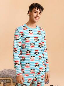Paul Frank X SHEIN Men's Comfortable Striped Cute Cartoon Monkey Pattern Top And Pants Pajama Set, Fall Clothes